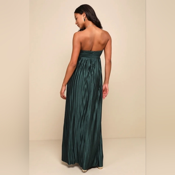 Lulus Whimsical Beauty Emerald Green Satin Plisse Strapless Maxi Dress XXL Party - Picture 5 of 8